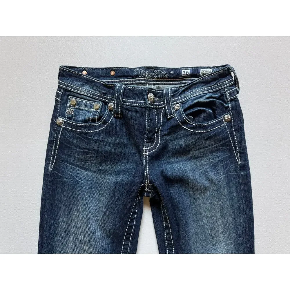 Miss Me Dark Blue Mid-Rise Angel Wing Flap Pocket Bootcut Jeans 16 Girls'/Youth